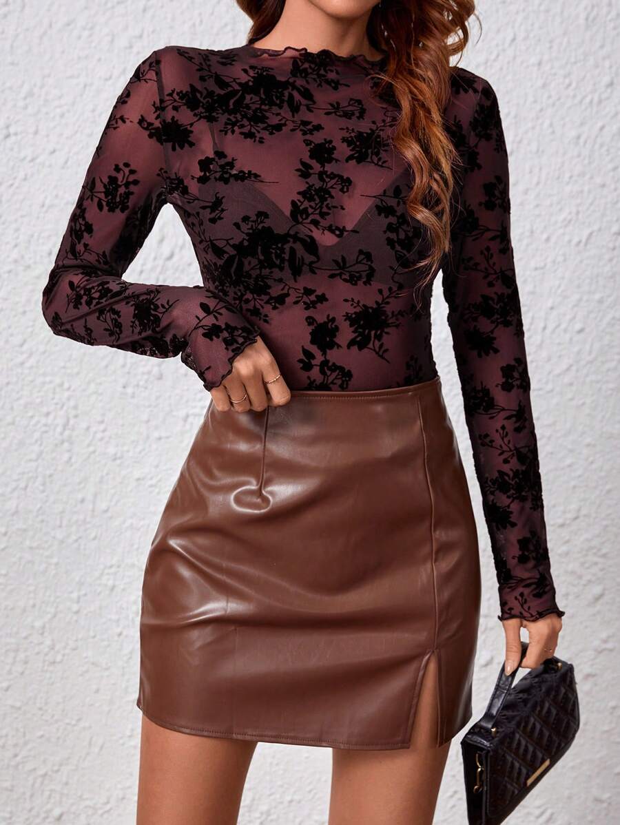Women's Floral Flocked Mesh Frill Trim Round Neck Long Sleeve Fashion Top, Autumn - Burgundy - View 1