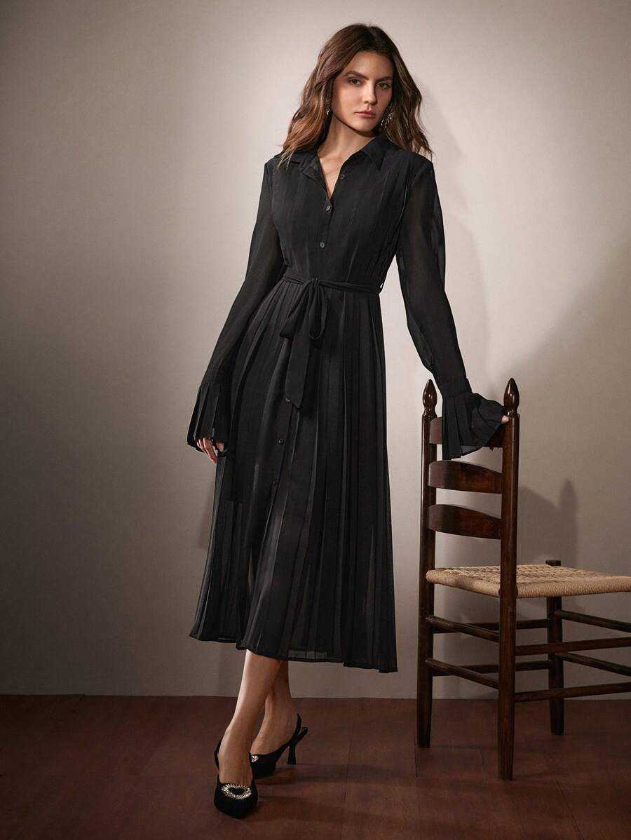 Anewsta 女士秋季衬衫领褶皱喇叭袖系腰连衣裙长款女装