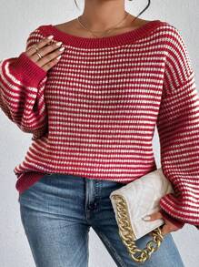 SHEIN CURVE+ 大码条纹落肩毛衣、秋季上衣、秋季女装 - 紅色 - 查看 3