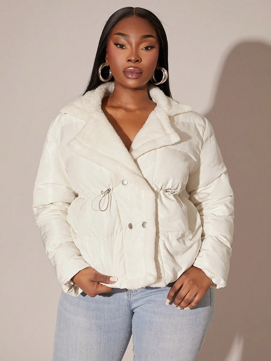 SHEIN SXY Plus Size Solid Color Thermal Lined Long Sleeve Padded Coat, Winter - Apricot - View 1