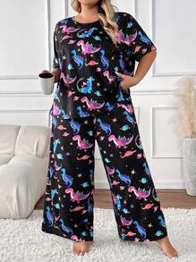 SHEIN CURVE+ Plus Size Color Gradient Dinosaur Short Sleeved Pants Set