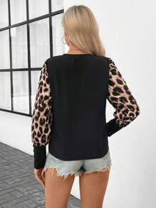 SHEIN LUNE Women Textured Waffle Knit Long Sleeve Leopard Print Cuff Button Top, Suitable For Autumn & Winter