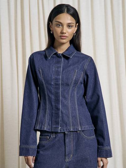 AiiRZ Designer Fitted Denim Trucker Jacket Contrast Stitching Classic Outerwear Modern Tailored Silhouette Fall Winter Fashion Statement Piece