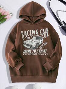 Mulvari Sudadera con capucha de ajuste holgado estampada con letras de coche, informal para otoño/invierno