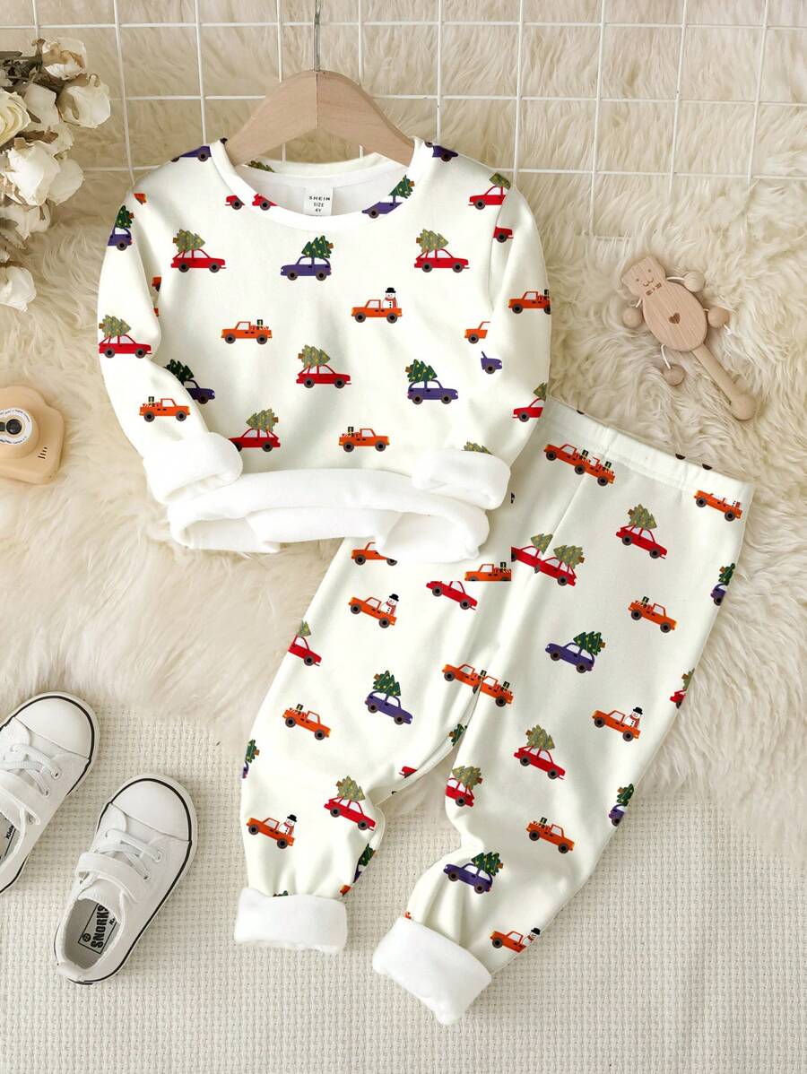 SHEIN Bộ đồ mặc nhà cơ bản cổ tròn dài tay vừa vặn thoải mái cho bé trai, thoải mái cho mùa thu/đông - Nhiều màu - Xem 1