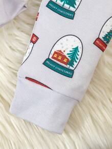 Young Boy Christmas Red Snug Fit Long Sleeve Top And Pants Pajama Set, Simple Cute Printing - White - View 6