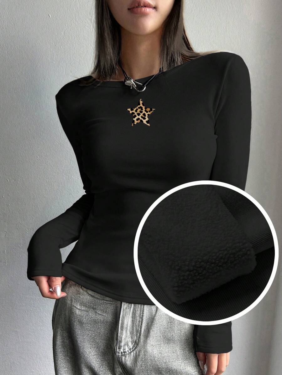 DAZY Women Leopard Print & Star Pattern Thermal Lined Tight Fit Long Sleeve T-Shirt, Thermal Lined Fall, Winter Thermal Lined - Black - View 1