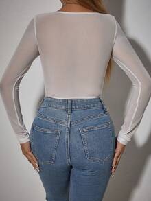 Allurite Sexy And Elegant White Lace Spliced Sheer Mesh Fabric Steel Circle Three-Dimensional Stripe Wave Edge Long Sleeve Bodysuit For Holiday Party Clothes