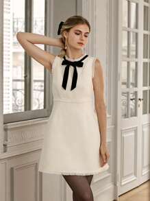 Enchnt 春冬浪漫女士白色甜美优雅系带无袖蝴蝶结流苏粗花呢可爱迷你连衣裙，甜美优雅的装扮，适合情人节、圣诞派对、新年、生日、节日、甜蜜约会之夜和日常通勤，连衣裙