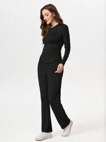 TaskEZ 纯色圆领长袖简约上衣和裤子手术服套装，/医疗保健 - 黑色 - 查看 4