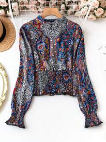 SHEIN Clasi Plus Size Front Button Long Sleeve Allover Print Loose Casual Shirt - Navy Blue - View 2