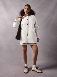 Athîral Barn Jacket-Spliced Brown Collar Casual Trench Coat Autumn And Winter Women's Women's Design Fashionable And Versatile Casual Trench Coat Women's Clothing-Barnfit Style - Cream - View 3