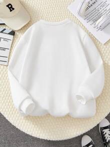 Áo nỉ cổ tròn dài tay in hình nơ khẩu hiệu cho bé gái tuổi mới lớn mùa thu - trắng - Xem 2