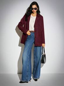 Poéselle Women's Suede Pockets Solid Color Turndown Collar Long Sleeve Casual Loose Coat