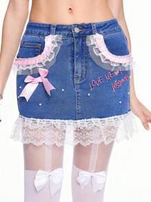 ROMWE Kawaii Women's Himekaji Valentine's Day Lace Trim Bow Decor Tight-Fitting Pencil Denim Skirt - Dark Wash - View 5