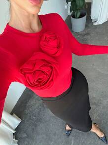 Firerie 2pcs/Set Women Solid Round Neck Long Sleeve Top With Floral Decor And Pencil Skirt