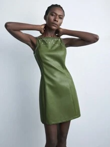 Maija Nuevo vestido mini urbano y elegante para mujer de otoño/invierno, con tirantes de PU, decoración de strass, de color verde musgo, para uso casual diario
