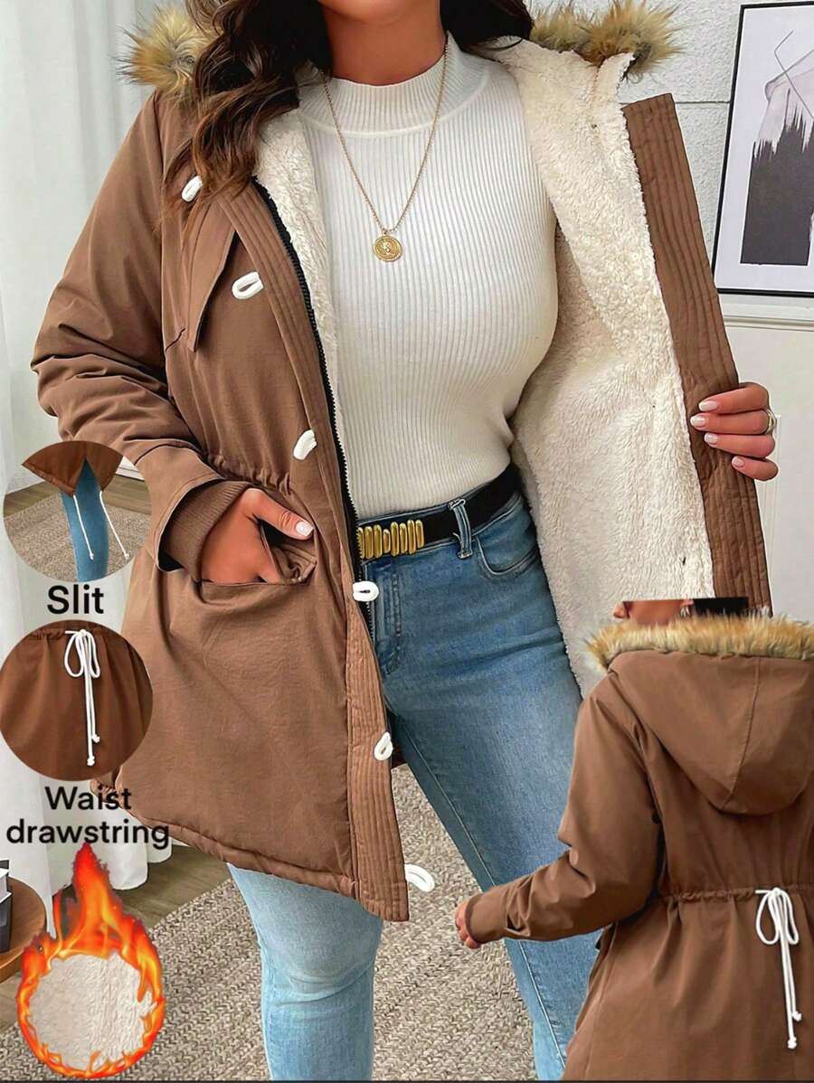SHEIN LUNE Plus Size Front Zip Pocket Long Sleeve Furry Patchwork Hooded Casual Padded Coat Fall Cloth For Women - Khaki - View 1