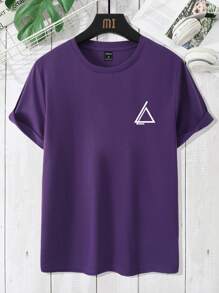 Manfinity Hypemode Kaos Kasual Pria Lengan Pendek Leher Bulat Motif Geometris - Purple - View 2