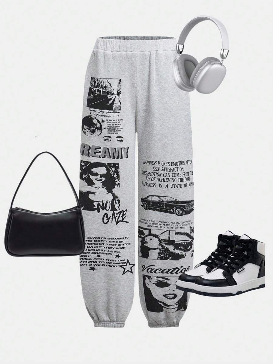 SHEIN Teens Girls Loose Graphic Print Drawstring Sweatpants - Multicolor - View 1