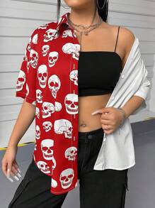 SHEIN EZwear Plus Size Solid Color Patchwork Front Button Short Sleeve Casual Shirt - Red - View 1