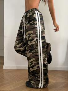 SHEIN EZwear Women's Fall Daily Wear Athleisure Game Day Rapper Contrast Tape Camo Wide Leg Sweatpants - Multicolor - View 4