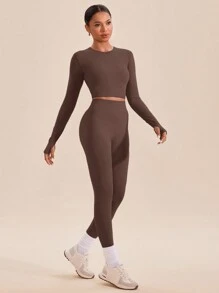 VARSITIE Dames effen kleur ronde hals lange mouw crop top & legging sportset