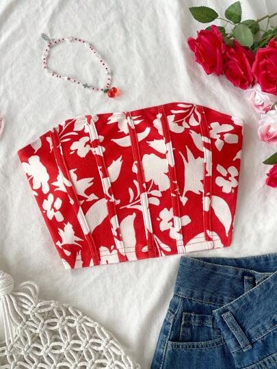 Soleia Blusa de tirantes corta casual con estampado floral minúsculo naranja para señoras, adecuada para vacaciones