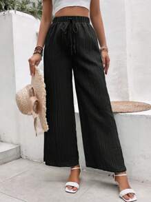Breezaya Solid Knot Front Wide Leg Pants - Black - View 5