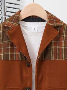 SHEIN Tween Boys' Solid & Plaid Splice Long Sleeve Woolen Coat