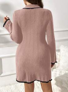SHEIN Privé 大码优雅、舒适、休闲日常修身长袖黑色毛衣裙，撞色饰边、撞色纽扣、荷叶边袖 - 可作为内层或外套穿着 - 粉色 - 查看 10