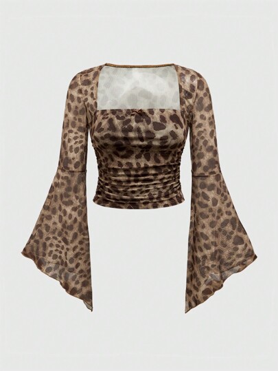 Plus Size Women Swan Collar Flare Sleeves Fashionable Leopard Print Mesh Blouse