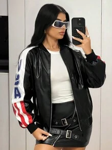 SHEIN ICON Áo khoác da PU màu đen in họa tiết vá lỗi Y2K dài tay phong cách đường phố cho nữ - màu đen - Xem 4