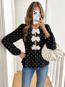 SHEIN Frenchy Women's Bow Decor Simple Long Sleeve Polka Dot Shirt, Casual Everyday Wear,Women Costumes,Women's Casual Long Sleeve With Front Bow,Women Costumes,Fall,Commute,Minimalist,Office,Old Money