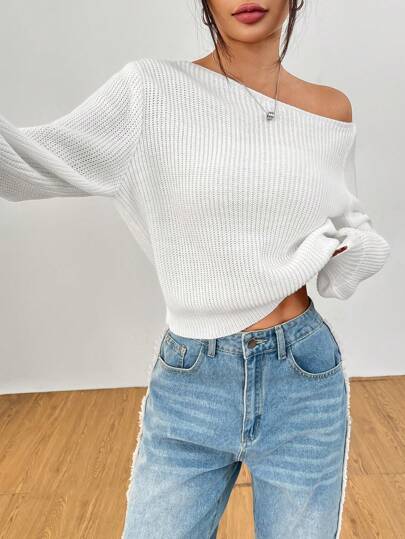 SHEIN PETITE Suéter blanco de mujer de manga larga que se puede usar cruzado sobre el hombro, adecuado para otoño e invierno