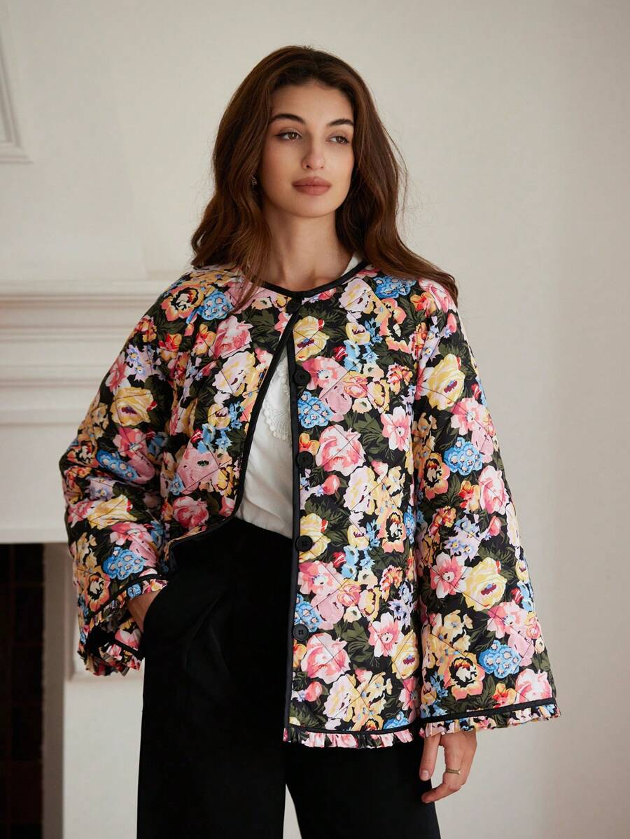 SHEIN ChicEase 女士超大款加厚保暖聚酯纤维填充合成保暖冬装外套，轻盈印花长袖绗缝蓬松纽扣大衣，西部复古秋季女装 - 彩色 - 查看 1