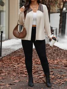 SHEIN Frenchy Plus Size Casual Barnfit PU Patchwork Turndown Collar Zipper Jacket