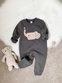 SHEIN Leap Crew Bộ đồ liền thân dài tay dệt kim mềm mại cổ tròn in hình voi dễ thương cho bé trai/bé gái màu xám dày, thích hợp mặc ở nhà, đi chơi, đa năng và thời trang cho mùa thu/đông - Xám - Xem 8