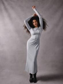 Athîral Women Solid Color Long Sleeve Minimalist Fitted Rib Casual Dress Light Grey Fall/Winter - Grey - View 4