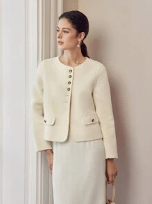 MOTF PREMIUM WOOL SOLID FLAP DETAIL SINGLE BREASTED PLACKET OVERCOAT - Beige - View 8