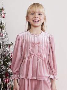 SHEIN بلوزة كشمير مطموم الأكمام مزينة بشريط الساتان للبنات الصغيرات،استخدام في احتفالات عيد الميلاد ورأس السنة، بتصميم مناسب للخريف والشتاء - وردي - مشاهدة 1