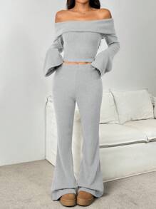 SHEIN EZwear 2pcs Women Off-Shoulder Top And Flared Pants Set