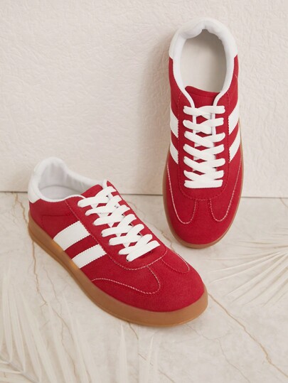 SHUZIA Women's Red White Retro-Striped Sneakers With Gum Sole- Offering Timeless Style, Comfort, And A Must-Have. Summer Shoes Spring Shoes Easter Trainers