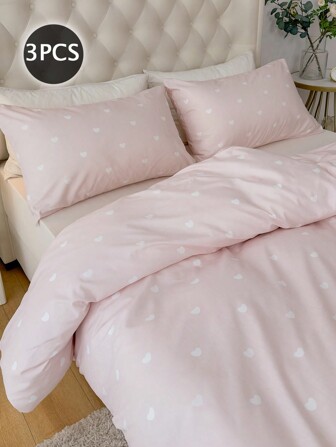 3pcs Pink Heart Polyester Duvet Cover Set Without Filler, (1 Duvet Cover & 2 Pillowcases), Modern Love Bedding Set For All Season Romantic Wedding Season