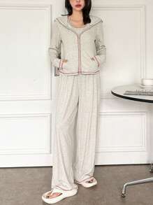 DAZY 3pcs Minimalist Contrast Trim Design Hoodie Vest & Straight Pants Sleepwear Set Pajama - Grey - View 3