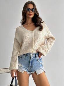 SHEIN Privé 女士优雅休闲花卉提花纽扣宽松开衫，适合居家、通勤、秋冬季 - 杏色 - 查看 6