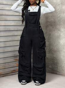 SHEIN Slayr 休闲洗水阔腿牛仔连体裤 - 黑色 - 查看 6