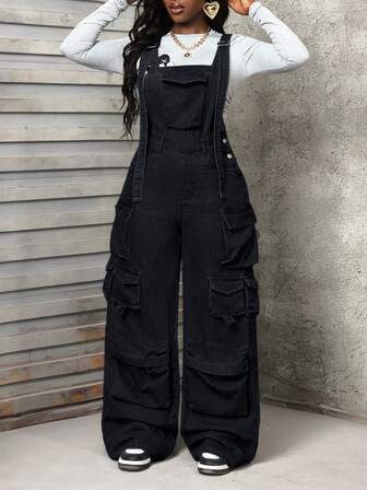 SHEIN Slayr 休闲洗水阔腿牛仔连体裤