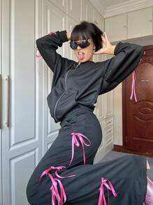 SHEIN EZwear Women's Fall Winter Y2K Street Wear Bow Detail Knot Tie Black Sweatpants