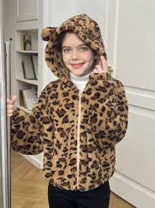 SHEIN Tween Girls Leopard Print Reversible Teddy Thermal Lined Thick Jacket With Cute 3D Ears Hood, Casual For Autumn/Winter - Brown - View 8